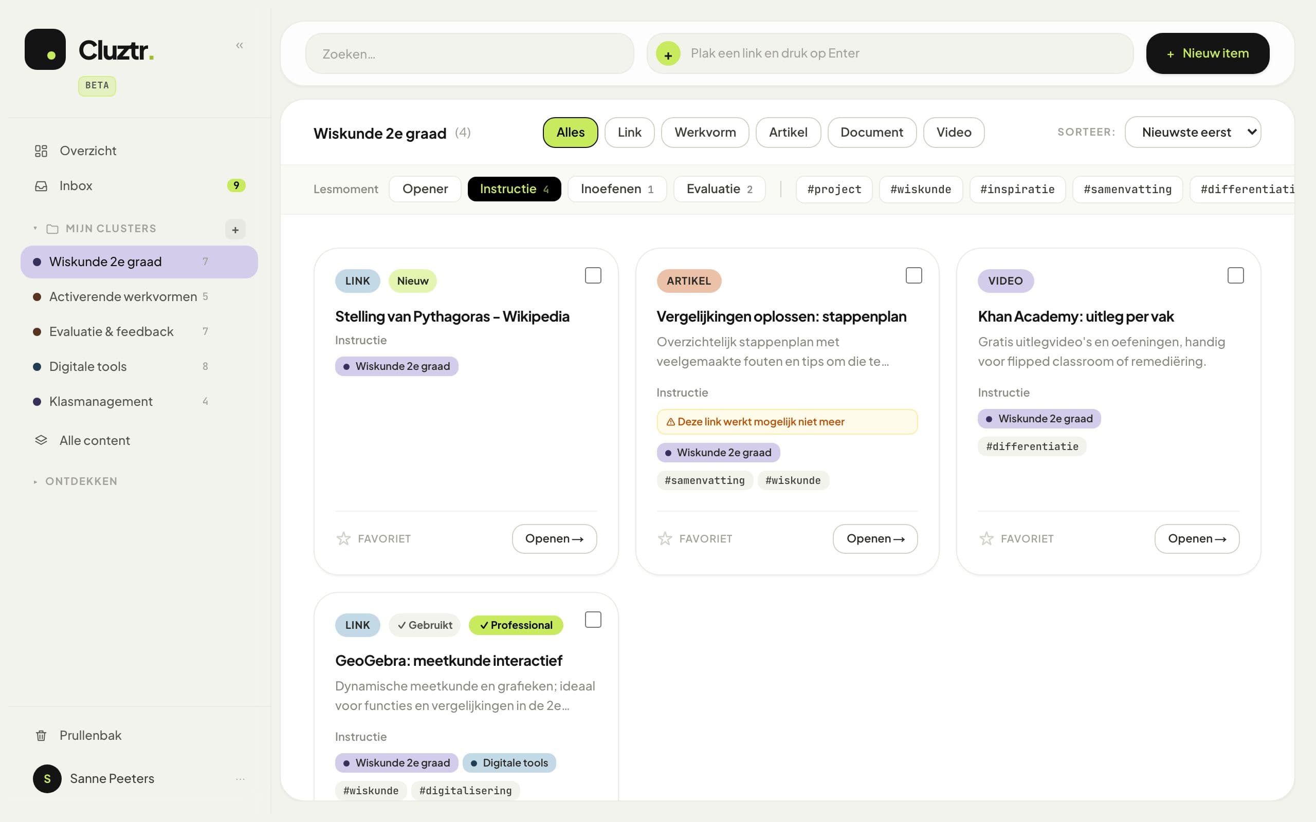 Cluztr met het vak Wiskunde 2e graad, gefilterd op het lesmoment Instructie